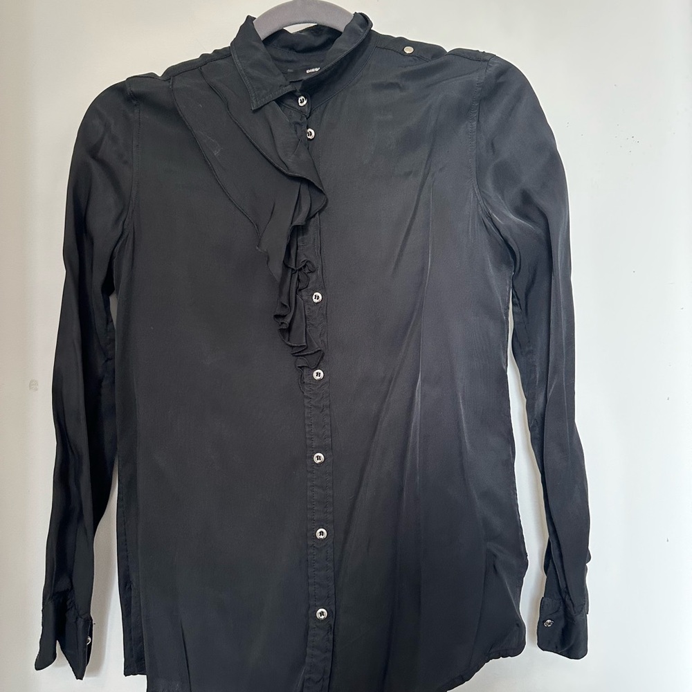Diesel Black ruffle silky Button Down Shirt Classic Style